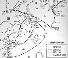 Map of Master Jianzhen's sailing route to Japan