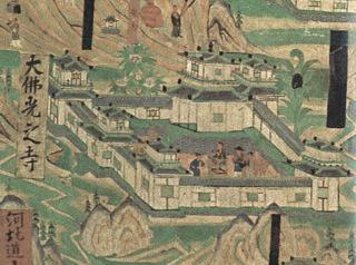 Foguang Temple, enlarged detail from the Representation of Mount Wutai, a Dunhuang mural