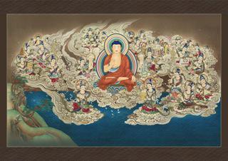 Polychrome painting of Amitabha receiving sentient beings to the Pure Land