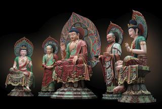Polychrome wooden statues of Buddha, two Bodhisattvas and two Sages 