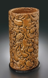 Carved Bamboo Brush Holder depicting harmony and unity of the five nationalities of China