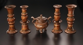 A set of grey-glaze porcelain“Five Offerings”(one incense burner, two lamps and two vases)