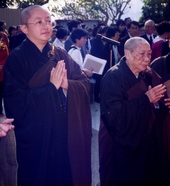 Ven. Shui Yung (right), the Abbess of Chi Lin Nunnery, was accompanied by her deputy, Ven. Wang Fun (left), at the Groundbreaking Ceremony on 3 January 1994.